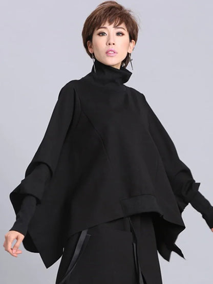 [EAM] Loose Fit Black Asymmetrical Big Size Sweatshirt Turtleneck Long Sleeve