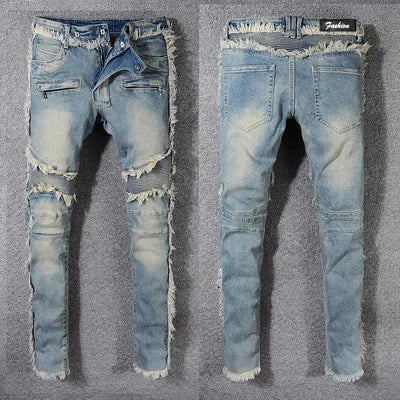 Quality Washed Cotton Ripped Stretch Slim Tassel Splicing Trouser Boys