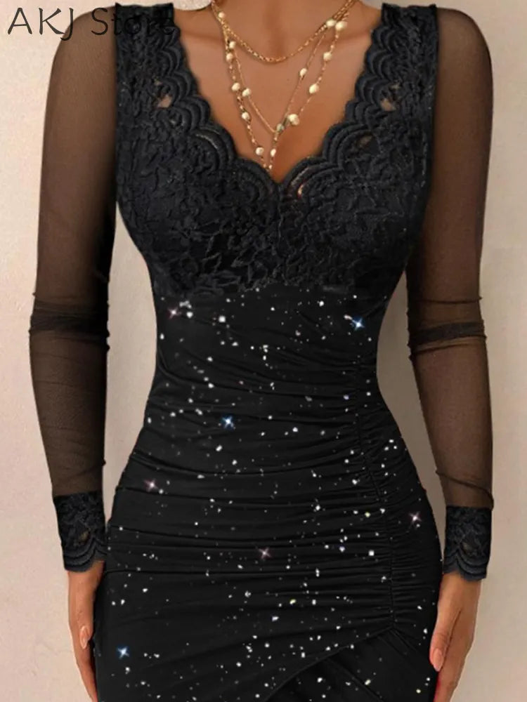 Women V-Neck Lace Long Sleeve Ruched Glitter Party Bodycon