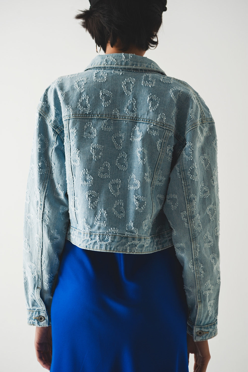 Heart Embellished Oversized Denim Jacket in Light Wash