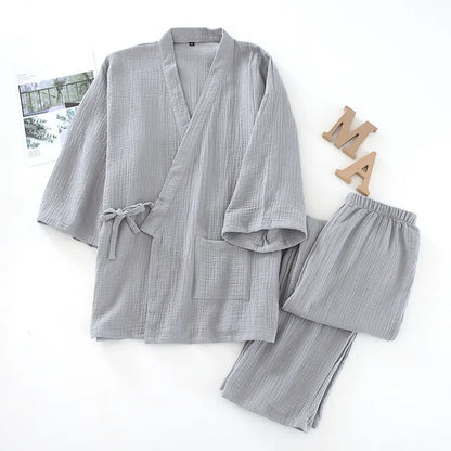 Men and Women 100% Cotton Pajamas Plus Size Loose Bathrobes V-Neck Kimono