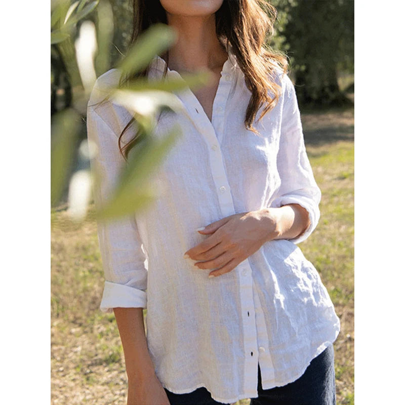 100% Linen White Shirts and Blouses Turn Down Collar Long Sleeve Tops