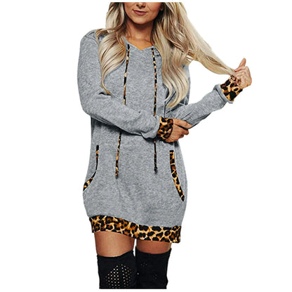 Women Hooded Warm Long Hoodies Long Sleeve Hoodies Winter Leopard Sweatshirts