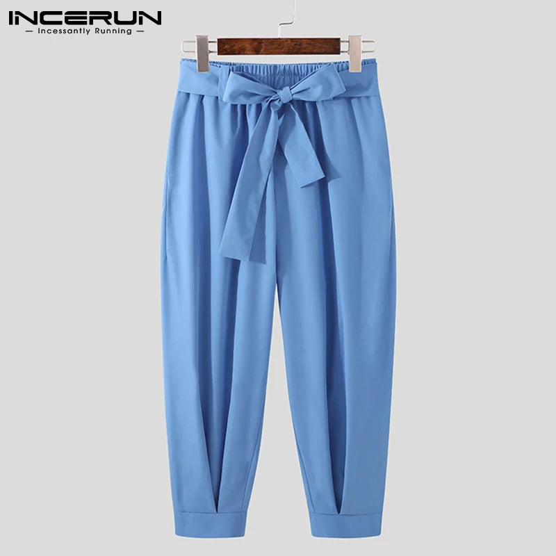 INCERUN 2023 New Men's Fashion Solid Color Pants Drawstring Casual Trousers