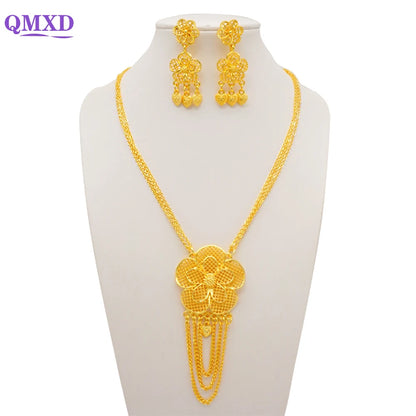 Ethiopian Dubai Gold Color Jewelery Sets for Women Girl Bridal Tassel Flower