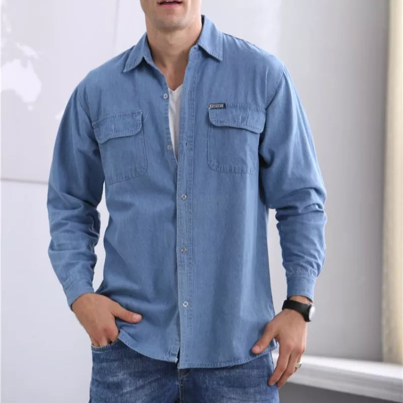 2019 New Spring and Autumn Men's Soil Slim Long-Sleeved Large Size Denim Shirt