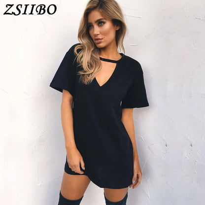 Summer Women Tshirt Mini Dress Choker V-Neck Dresses Short Sleeve