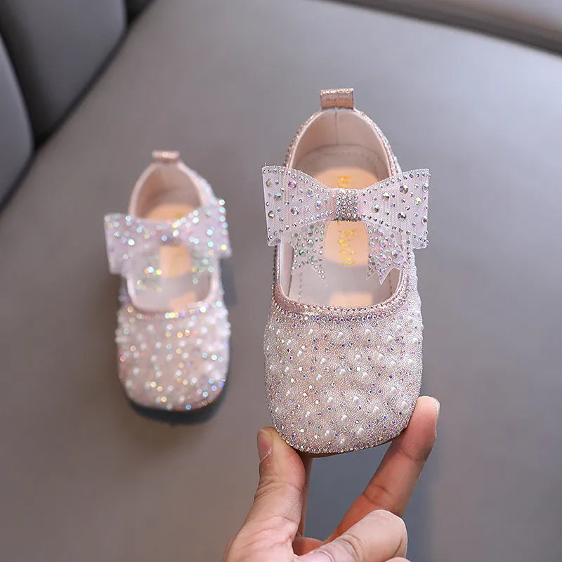 2023 New Girl's Princess Shoes Children's Fashion Bow Rhinestone Sequin Kids