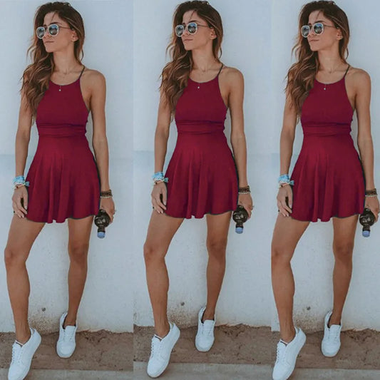 HOT Fashion Women Dress Summer Casual Sleeveless Solid Female Beach Dress