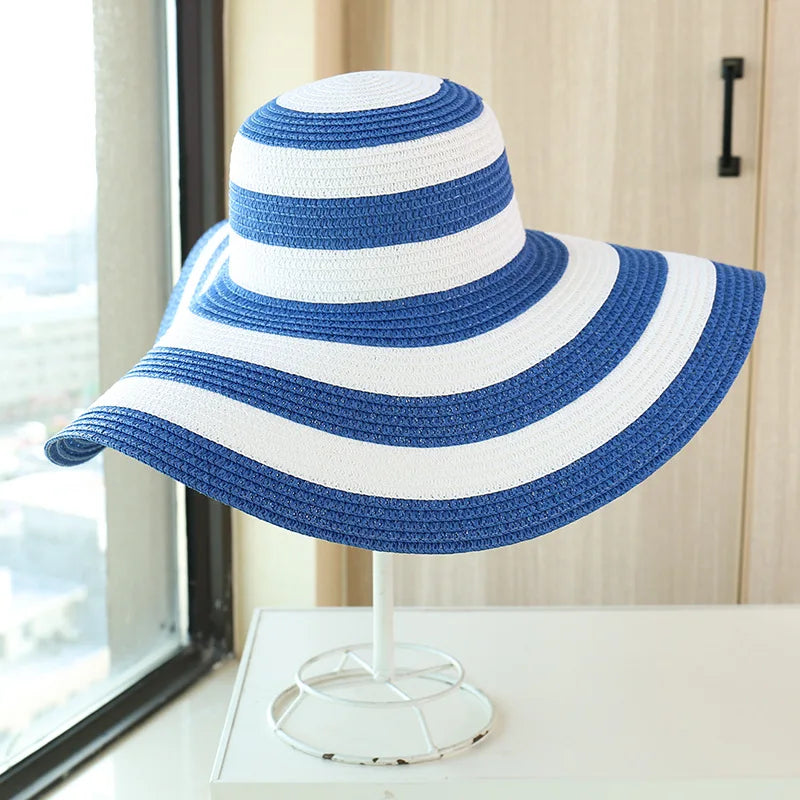 Hot Women's Casual Straw Hats Girls Outdoor Striped Patchwork Paper Sun Hats