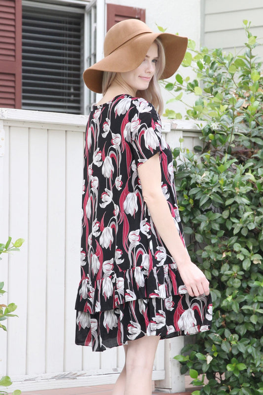 Short Sleeve Floral Ruffle Dress