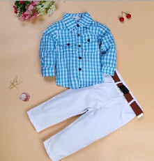 New Handsome Boys Clothing Set Long Sleeve Blue Plaid Shirt Suits Boys 3-Pieces