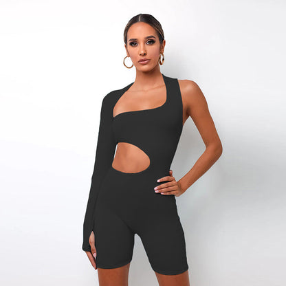 Skinny Fitness Womens Bodysuits Asymmetrical Solid Colors