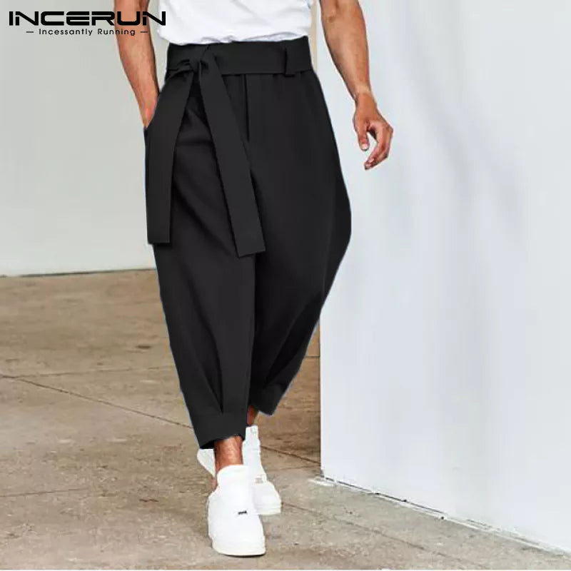 INCERUN 2023 New Men's Fashion Solid Color Pants Drawstring Casual Trousers