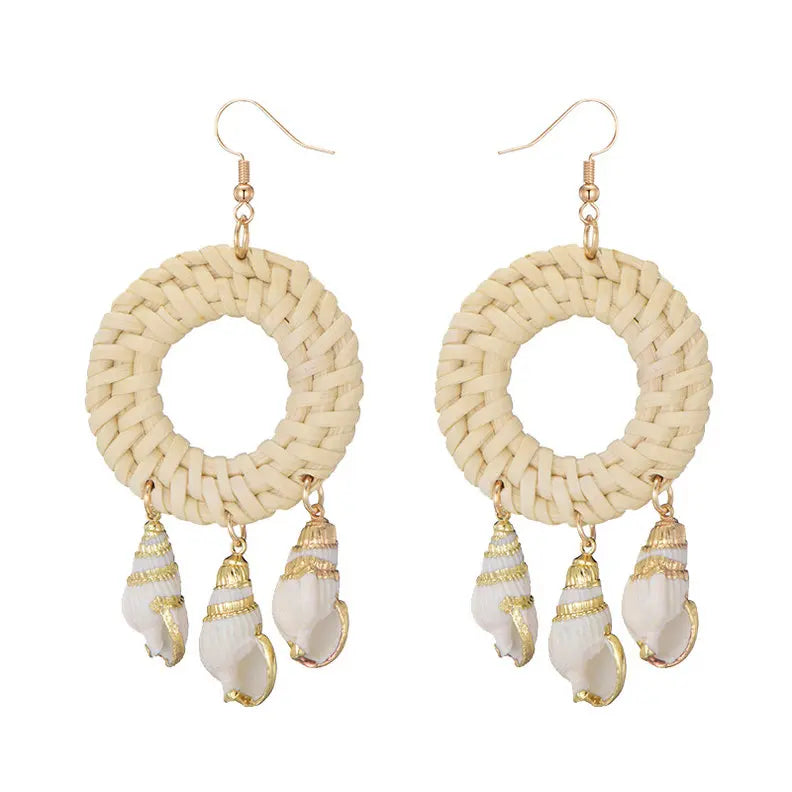 New Beach Sea Natural Shell Charms Bamboo Braid Drop Earrings Bohemian Rattan