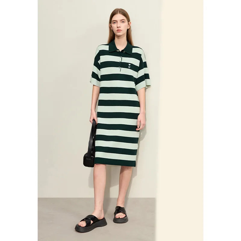 Amii Minimalism Embroidery Striped Dress for Women 2024 Spring