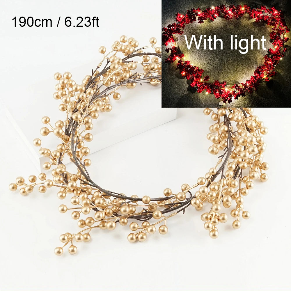 5.9ft/180cm 2025 New Year Garland Red Berry Optional Lighting Silver Gold