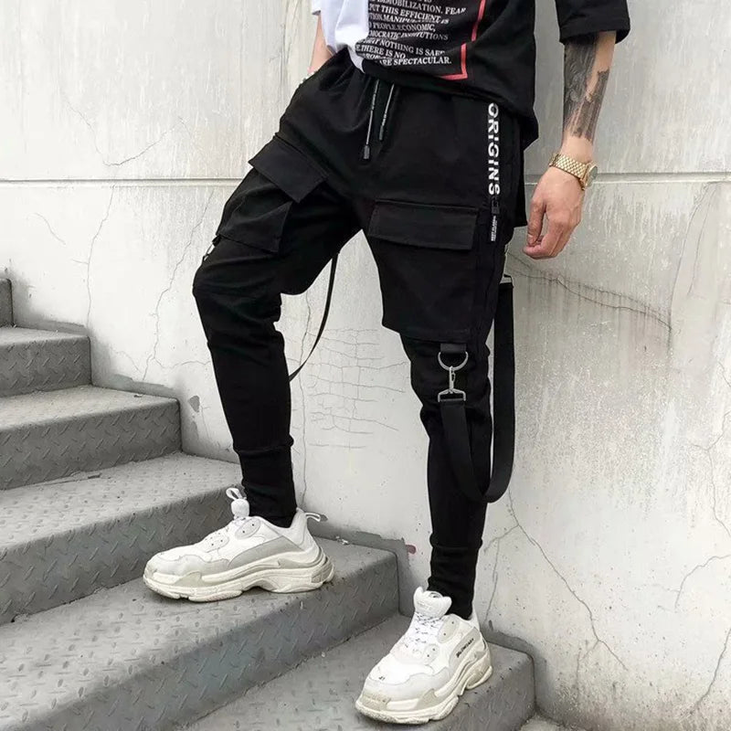 Fashion Slim-Fit Pants Men Streetwear Ribbon Harajuku Black Cargo Pants for Men