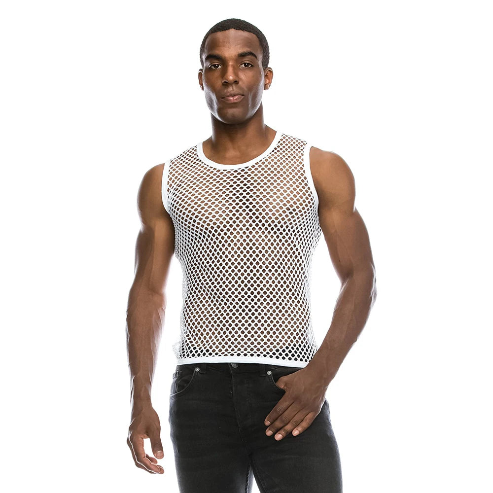 Mens See Through Black Mesh Fishnet Tanks Top Sleeveless Fitted Top Tees