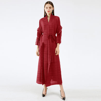 Miyake Pleated Long Petal Sleeve Dress Lapel Cardigan Sashes