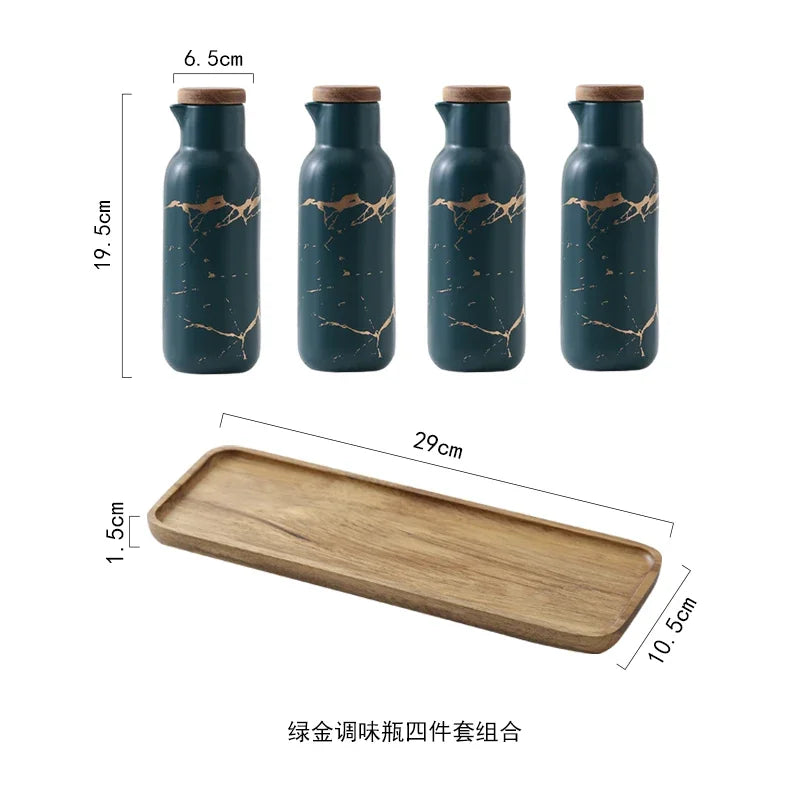 Matte Marble Pattern Ceramic Kitchen Spice Jar Oil Set Wooden Cover Salt Shaker