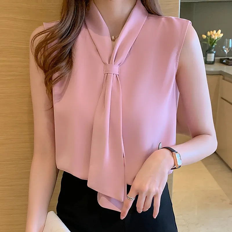 Women's Shirt Pink Ribbon Blouses for Women Sleeveless Summer Shirts Female