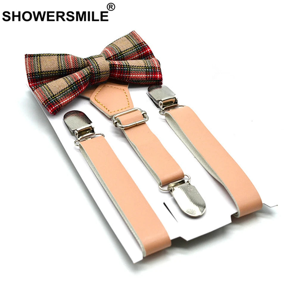 SHOWERSMILE Kids Suspenders With Bow Tie Leather British Style Boys Suspenders