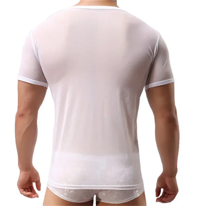 Sexy Men Undershirts Transparent Sheer Short Sleeve T Shirt Sports Fitness