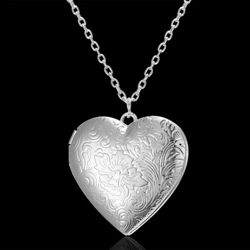 Openable Love Heart Locket Pendant Women Necklace Silver Color Chain Memory