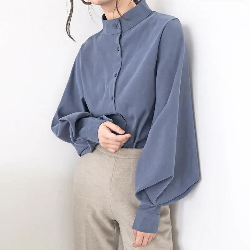 Big Lantern Sleeve Blouse Women Autumn Winter Single Breasted Stand