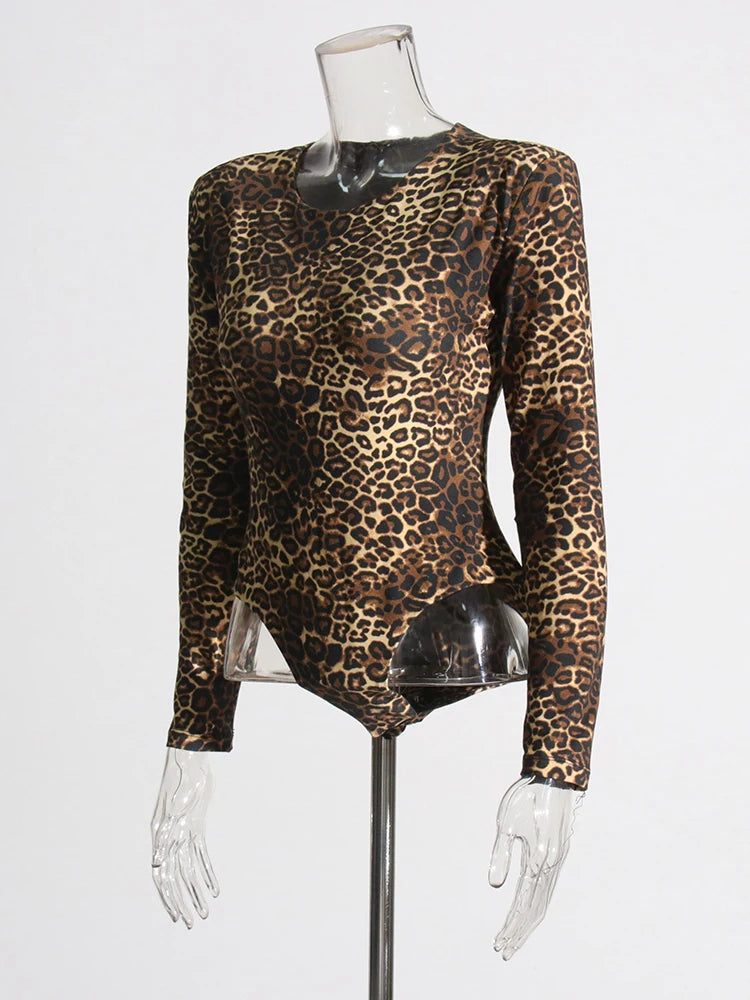 TWOTWINSTYLE Colorblock Leopard Printing Slimming Bodysuists