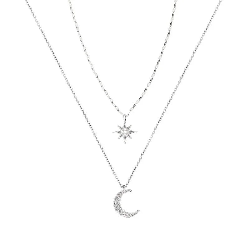 925 Silver Necklace for Women Double Layer Zircon Star Moon Pendant Necklace