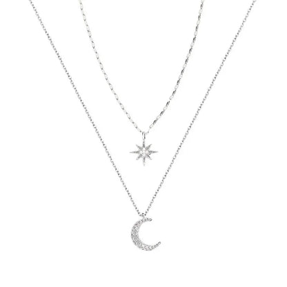 925 Silver Necklace for Women Double Layer Zircon Star Moon Pendant Necklace