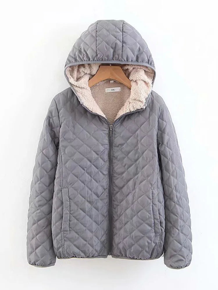 Women Autumn Winter Parkas Coat Jackets Female Lamb Hooded Plaid Long