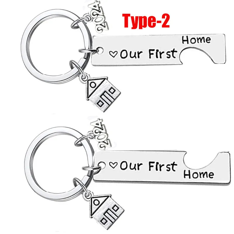 1/2Pcs Home Keychain Engraved Our First Home House Keyring 2023 2024 Couples Ho