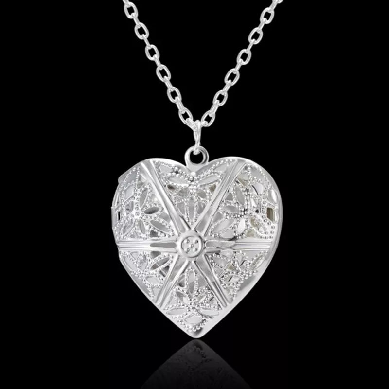 Openable Love Heart Locket Pendant Women Necklace Silver Color Chain Memory