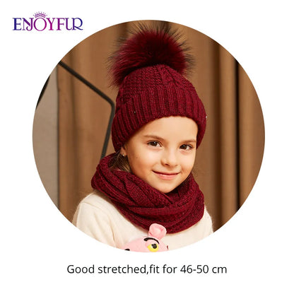 ENJOYFUR Winter Hat and Scarf Set for Girls High Quality Cotton Knitted Soft