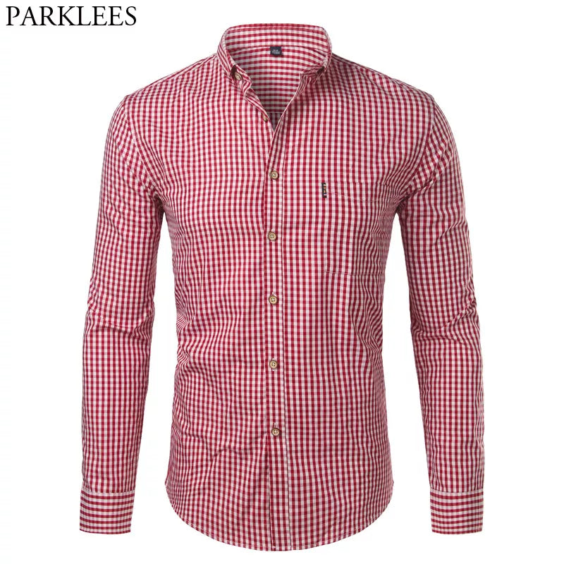 Mens Plaid Cotton Casual Dress Shirts Slim Fit Long Sleeve Button