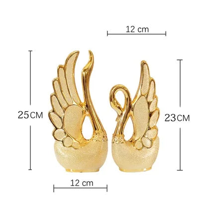 2PCS Gold Swan Lovers Home Decor Ceramic Crafts Porcelain Animal