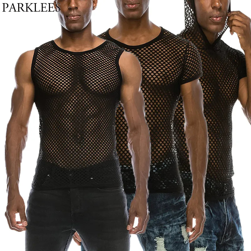 Mens See Through Black Mesh Fishnet Tanks Top Sleeveless Fitted Top Tees