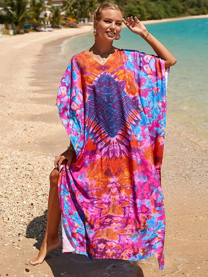 2023 Multicolored Kaftan Bohemian Printed V-Neck Batwing