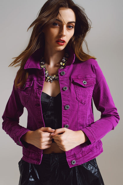 Slim Denim Trucker Jacket in Fuchsia