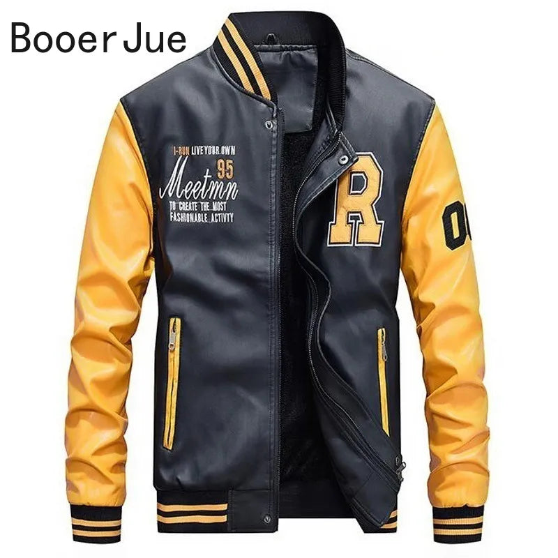 Baseball Jackets Men Slim Fit 2024 Stand Collar Leather Zipper Jacket