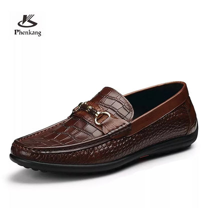 Phenkang Men Leather Summer Alligator Texture Slip-On Casual Shoes Male Loafer