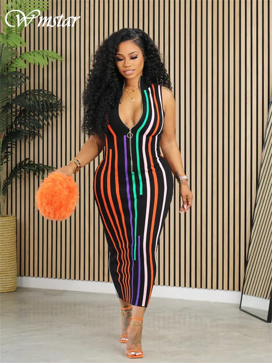 Wmstar Dresses Women Party Sexy Sleeveless Striped Bodycon Fashion Zipper