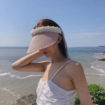 2022 New Pearls Women Summer Hat Female Elegant Pearl Straw Sun Hat