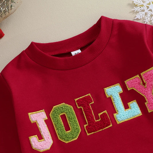 Toddler Christmas Sweatshirt Baby Boy Girl Holly Jolly Letter Embroidery Tops