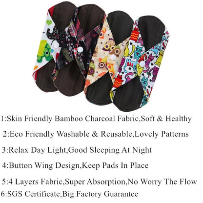 [10PCS Reusable Pads Bamboo Charcoal Sanitary Pads Regular Flow Menstrual Pads