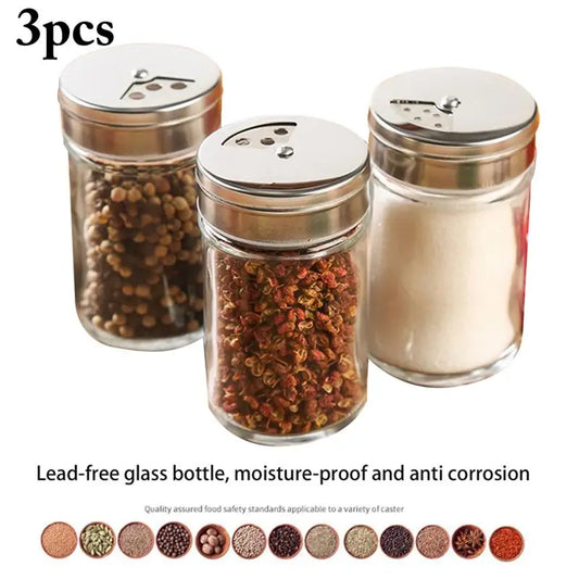 3/6pcs Stainless Steel Lid Condiment Pot Seasoning Bottle Glass Kitchen