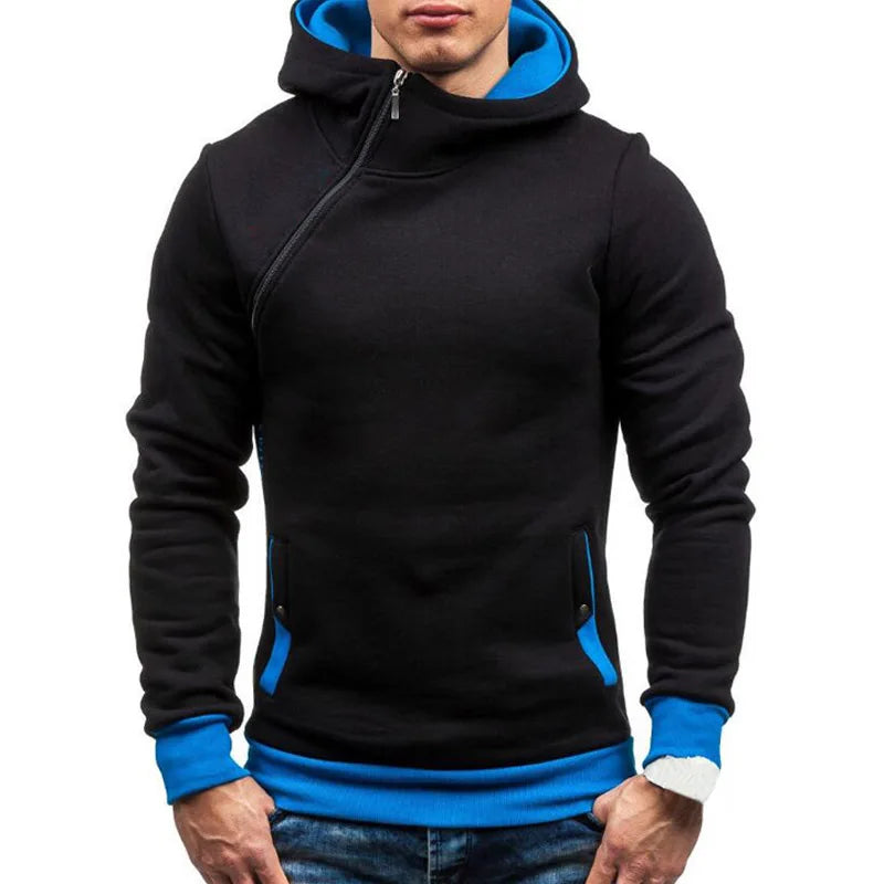 New Casual Solid Mens Hoodies Diagonal Zipper Long Sleeve Hoodie Sweatshirts Men